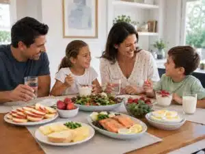 family eating foods that support oral health